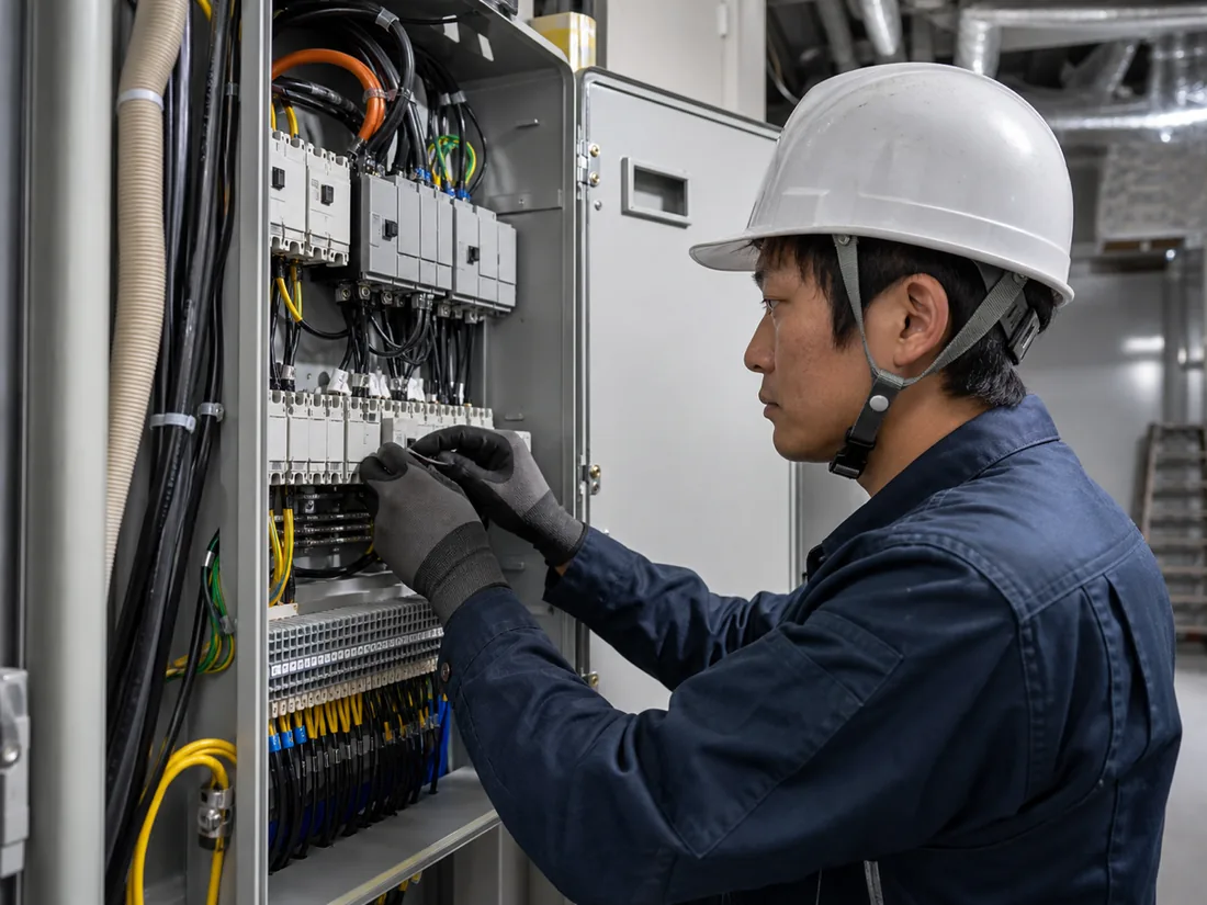 分電盤まわりで結線作業をしている様子